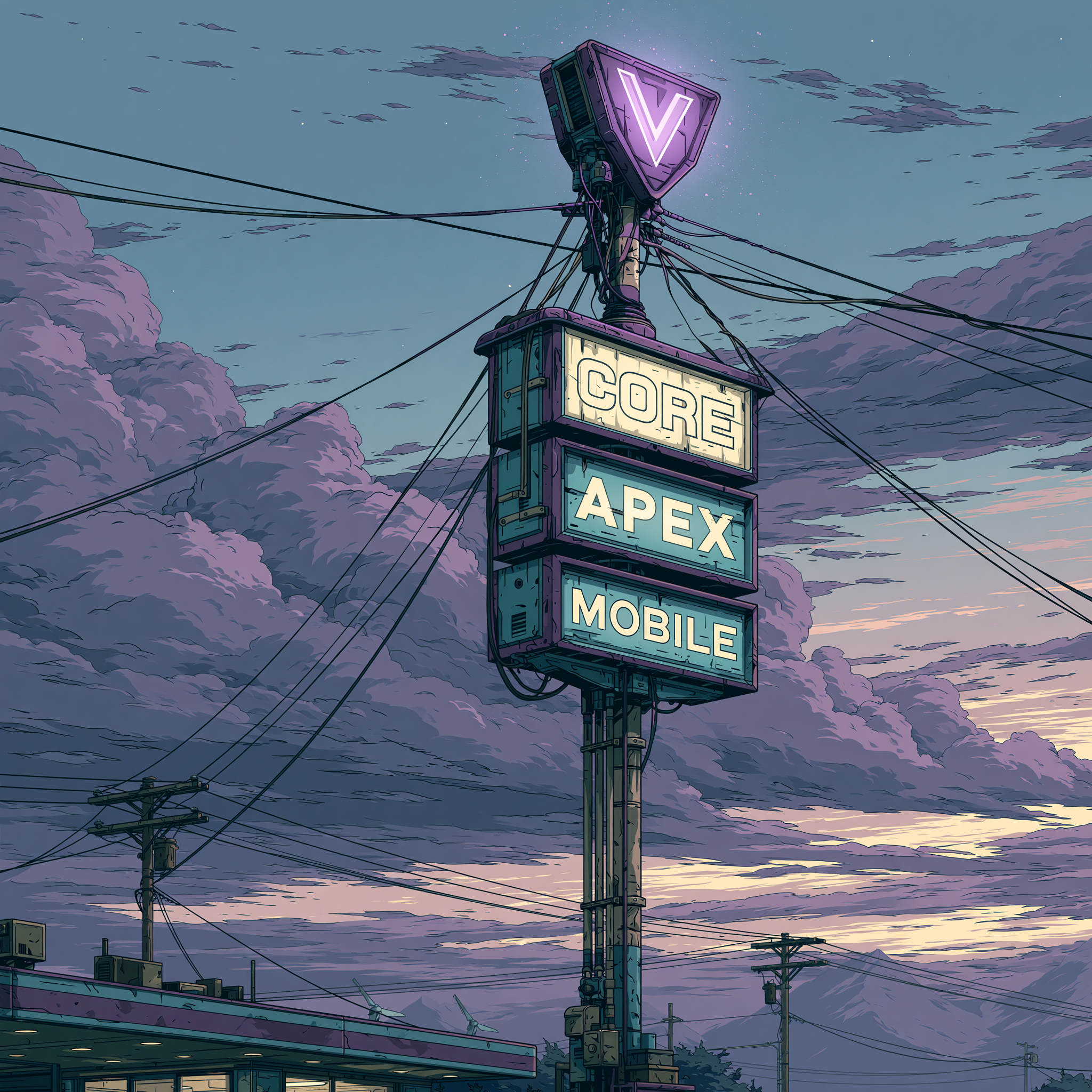 Vantage Proxies roadside sign glowing at dusk with Core, Apex, and Mobile tiers